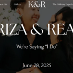 Romantic couple celebrating a wedding announcement with 'We’re Saying I Do' banner behind them